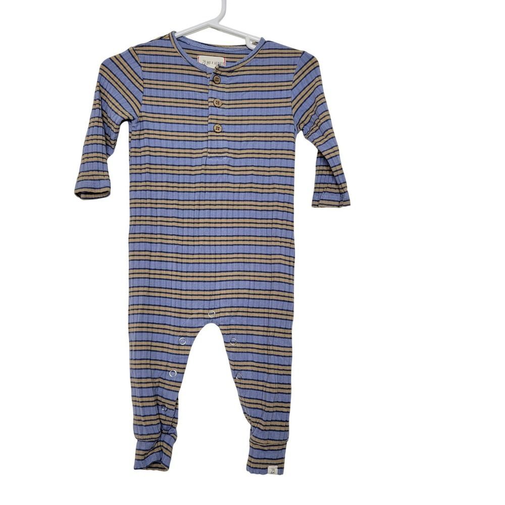 Me & Henry Ribbed Striped Romper 3/6M Baby Blue Tan Jumpsuit Footed Bodysuit